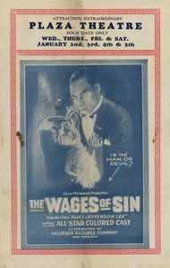 Circular for the Plaza Theatre advertising The wages of sin, probably 1929 Jan. 2-5