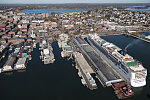 An October 2017 aerial view of a mammoth cruise ship, docked in the Portland, Maine, harbor. These behemoths typically head north in temperate months, for and into Canada