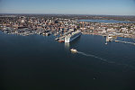 An October 2017 aerial view of Portland, Maine, and its busy harbor