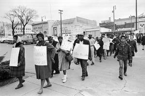 Demonstrators marching toward the Jefferson County Courthouse in downtown Birmingham, Alabama, for a voter registration rally.