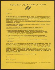 Letter from TBAAL Management, June 4, 2003