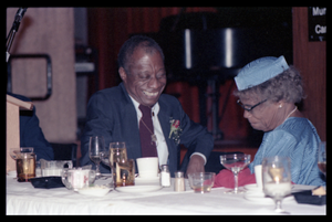 James Baldwin and his mother Emma Berdis Jones Baldwin at his 60th birthday celebration, UMass Campus Center