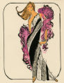 Costume design drawing, showgirl in a black and white one-shoulder evening gown with magenta feather boa, Las Vegas, June 5, 1980