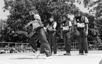 City Street Rockers crew member leans, Peace Train's Breaking & Popping Contest, Bushnell Park, 1983