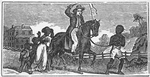 Man on horseback holding whip while another man being physically restrained walks in front