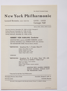 New York Philharmonic Printed Program (Subscription Season Subscription Season Subscription Season Subscription Season), Nov 20, 1958; Nov 21, 1958; Nov 22, 1958; Nov 23, 1958 at Carnegie Hall Carnegie Hall Carnegie Hall Carnegie Hall in Manhattan, NY Manhattan, NY Manhattan, NY Manhattan, NY; Herbert Von Karajan, conductor.