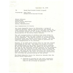 Letter, Commissioner Robert DiGrazia, September 30, 1974.