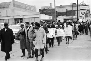 Demonstrators marching toward the Jefferson County Courthouse in downtown Birmingham, Alabama, for a voter registration rally.