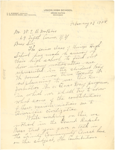 Thumbnail for Letter from Union High School to W. E. B. Du Bois