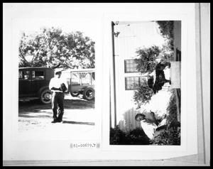 Man Holding Chicken in front of Car; Man with Dog