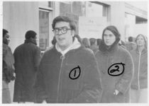 Mississippi State Sovereignty Commission photograph of Tougaloo College students William Melish and Ilene Melish standing in front of a Western Union storefront with other unidentified demonstrators during an Anti-Vietnam War demonstration protesting Secretary of Defense Robert McNamara's visit to Jackson, Mississippi, 1967 February 24