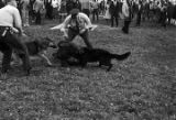 Police dogs attacking a civil rights demonstrator during a protest in Kelly Ingram Park in Birmingham, Alabama.