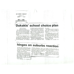 Dukakis' school choice plan hinges on suburbs reaction.