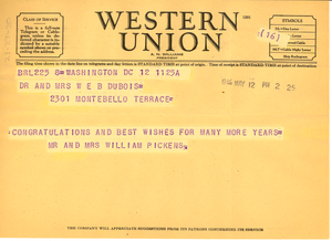 Telegram from Mr. & Mrs. William Pickens to W. E. B. and Nina Du Bois