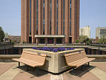 This courtyard of low benches leads to the the W.E.B. Du Bois Library tower at the University of Massachusetts-Amherst, the flagship campus of the state university's system in Amherst, Massachusetts