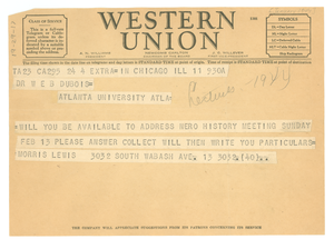 Telegram from Morris Lewis to W. E. B. Du Bois