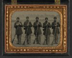 [Five soldiers, four unidentified, in Union uniforms of the 6th Regiment Massachusetts Volunteer Militia outfitted with Enfield muskets in front of encampment]