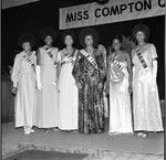 Miss Compton Queen Pageant finalists posing together, Los Angeles, 1972