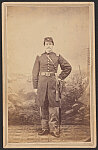 [Lieutenant Colonel Oliver N. Blackington of Co. C, 4th Maine Infantry Regiment and Co. F, 81st U.S. Colored Troops Infantry Regiment (USCT) in uniform with sword in front of backdrop showing military camp and steamship on a river]