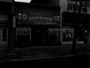 Ewell's Barber Shop [exterior] black-and-white photonegative]