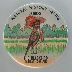 Button with an image of a bird with the head of an African American woman