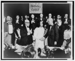 [Coretta Scott King shaking hands with A. Philip Randolph, surrounded by (left to right) Bayard Rustin, George Meany, Nelson Rockefeller, and others]