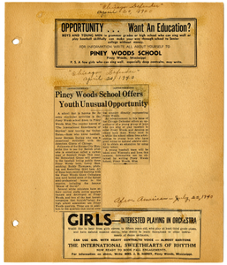 Two advertisements for Piney Woods school and one advertisement for International Sweethearts of Rhythm] [3 clippings mounted on album page.