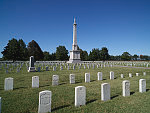 View of the Mound City National Cemetery in Mound City, Illinois. During the American Civil War, Mound City was the site of a naval hospital. The cemetery was used to inter both Union and Confederate soldiers who died while under care there. (Mound City lies in extreme southern Illinois across the Ohio River from Kentucky, a border state sympathetic to the southern confederacy during the Civil War. Many battles were fought in the area)