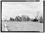 1. General view looking west showing from the left: frame barn, laundry, slave quarters, chimney, kitchen, main house, brick dependency, ice house with office behind, chimney - Green Hill, Plantation and Main House, 378 Pannills Road (State Route 728), Long Island, Campbell County, VA