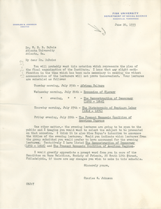 Letter from Charles S. Johnson to W. E. B. Du Bois