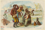 Man, woman, and child listening as elderly man sings and plays the banjo