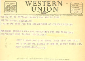 Telegram from National David Spiritual Temple of Christ Church Union to NAACP