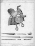 Fig. 1. Saddle and sabre-tasche of the Prince of Begharmi. Fig. 2. Double-headed lance of the cavalry of Begharmi. Fig. 3. Lance of the body-guard of the Sheikh of Bounou. Fig. 4. Javelin of Central Africa