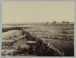 Confederate fortifications at Centreville, Va. March 1862. Quaker guns in foreground. Winter barracks in background.