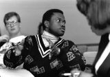 A student discusses a subject during class, 1990