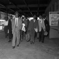 Fred Shuttlesworth with Freedom Riders after their arrival at the Greyhound station in Birmingham, Alabama.