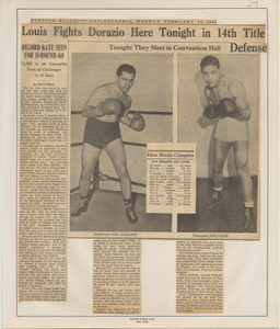 Louis Fights Dorazio Here Tonight in 14th Title Defense [newspaper article]