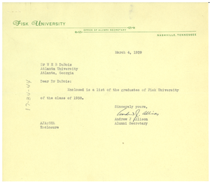Letter from Fisk University Alumni Association to W. E. B. Du Bois