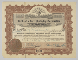 Stock certificate for Birth of a Race Photoplay Corporation