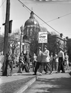 African Americans picketing outside of the Georgia State Capitol building demanding police integration, Atlanta, Georgia, 1946.