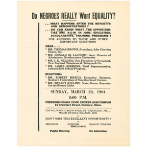 Thumbnail for Flier for Freedom House Civic Center forum, Sunday at 8 Do Negroes really want equality?