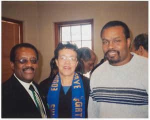 Digital image of Eddie Faye Gates, Johnnie Cochran, and Kevin Jerome Gates