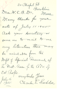 Letter from Charley Scudder to W. E. B. Du Bois