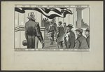 [Uncle Sam under huge, waving American flag, watching men walking up stairs to building; image bordered by slogan, "To keep America free," and "October 16th, registration for selective service"]