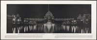 Panoramic view of Festival Hall, the cascades and gardens, and the grand basin, from the plaza of St. Louis, at night