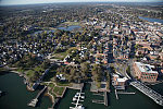 An October 2017 aerial view of the historic seaport of Portsmouth, New Hampshire, the largest city along the shortest coastline (18 miles) of any U.S. state