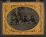 [Five unidentified soldiers in Union uniforms seated with stacked bayoneted rifle muskets and smoking cigars]