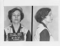 Mississippi State Sovereignty Commission photograph of Margaret Ann Kerr following her arrest for her participation in the Freedom Rides, Jackson, Mississippi, 1961 June 20