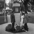 General Rufus Billups, Louise Ellsberry Whited, and Edward Ellsberry standing in front of the new monument to Julius Ellsberry at Kelly Ingram Park in Birmingham, Alabama.