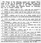 Notice of slave auction, "The owner of the following named and valuable slaves being on the eve of departure for Europe..."